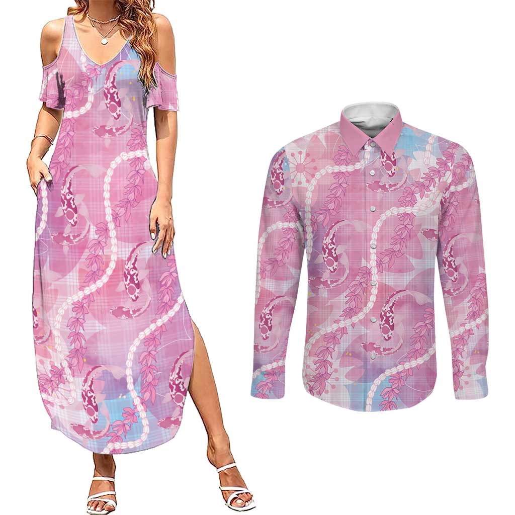 Japanese Koi Fish Couples Matching Summer Maxi Dress and Long Sleeve Button Shirt Pink Wagara Palaka Honohono Pikake Lei