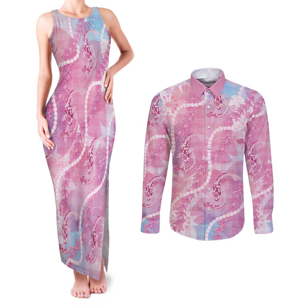 Japanese Koi Fish Couples Matching Tank Maxi Dress and Long Sleeve Button Shirt Pink Wagara Palaka Honohono Pikake Lei LT9 Pink - Polynesian Pride