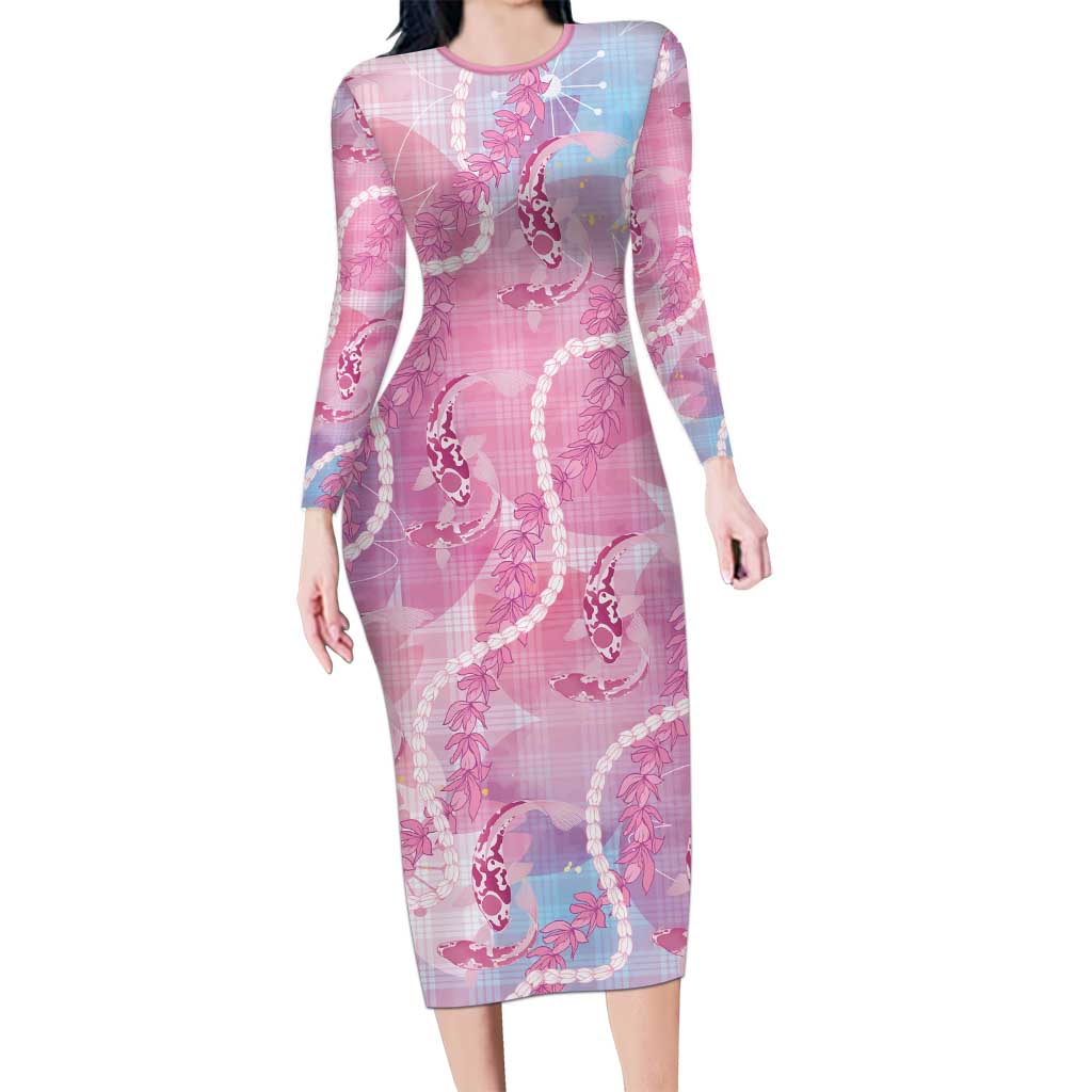 Japanese Koi Fish Family Matching Long Sleeve Bodycon Dress and Hawaiian Shirt Pink Wagara Palaka Honohono Pikake Lei LT9 Mom's Dress Pink - Polynesian Pride