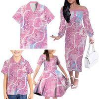 Japanese Koi Fish Family Matching Off The Shoulder Long Sleeve Dress and Hawaiian Shirt Pink Wagara Palaka Honohono Pikake Lei LT9 - Polynesian Pride