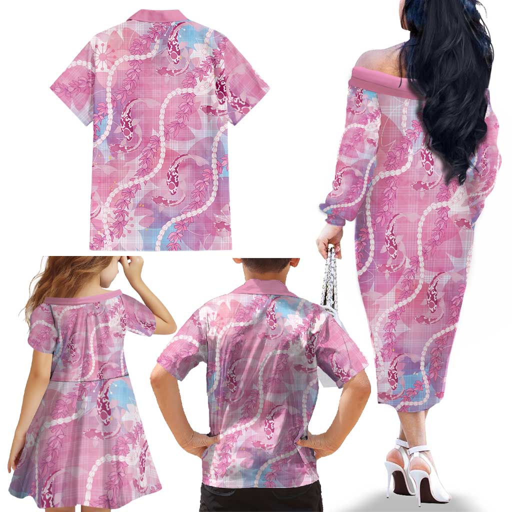 Japanese Koi Fish Family Matching Off The Shoulder Long Sleeve Dress and Hawaiian Shirt Pink Wagara Palaka Honohono Pikake Lei LT9 - Polynesian Pride