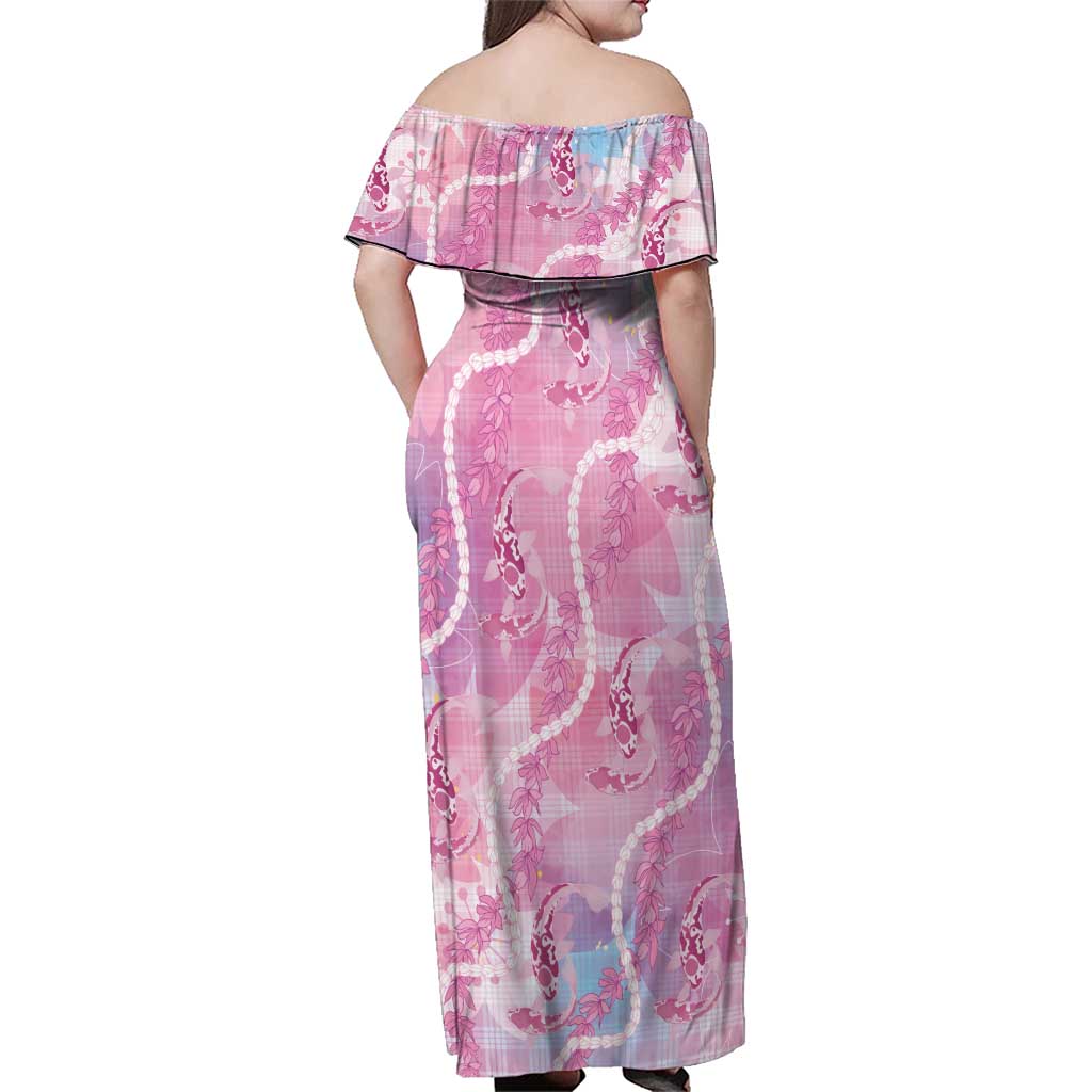 Japanese Koi Fish Family Matching Off Shoulder Maxi Dress and Hawaiian Shirt Pink Wagara Palaka Honohono Pikake Lei LT9 - Polynesian Pride