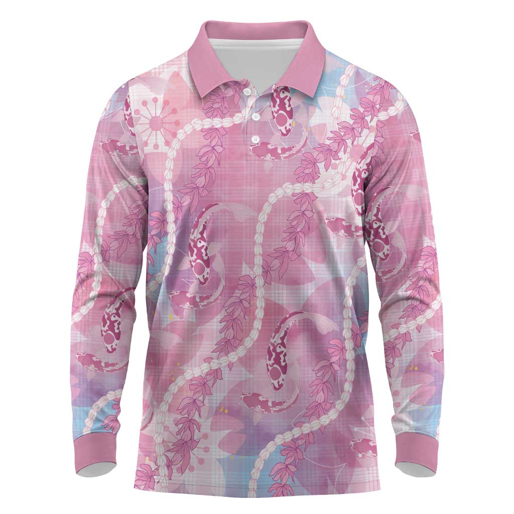 Japanese Koi Fish Long Sleeve Polo Shirt Pink Wagara Palaka Honohono Pikake Lei