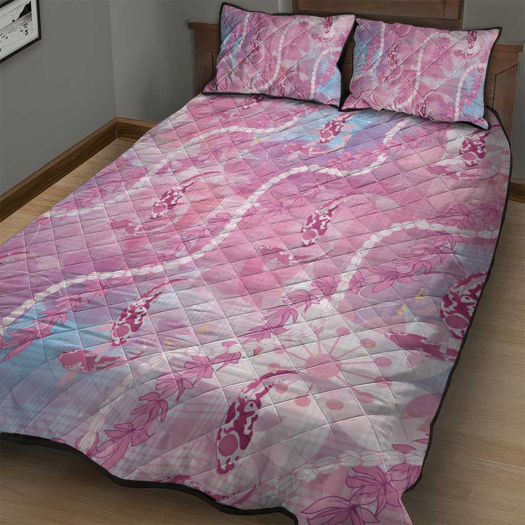 Japanese Koi Fish Quilt Bed Set Pink Wagara Palaka Honohono Pikake Lei