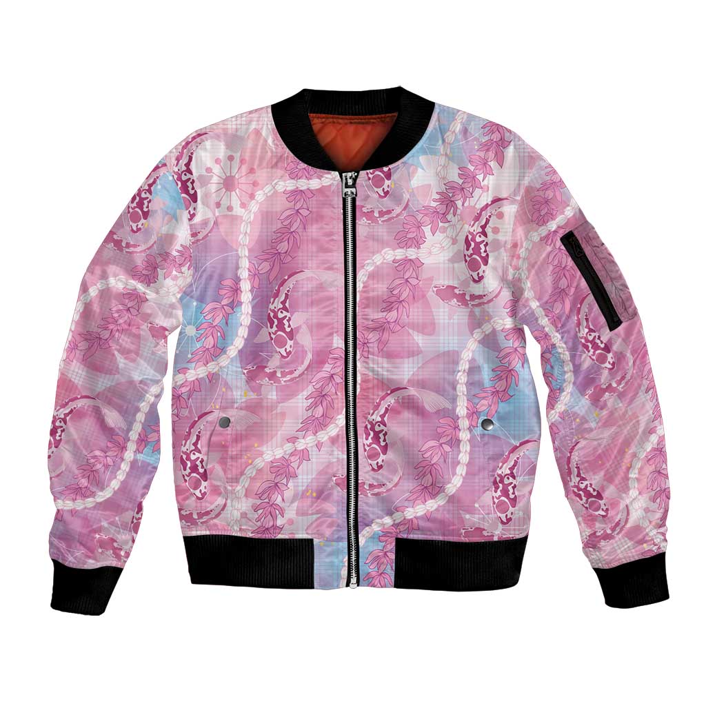 Japanese Koi Fish Sleeve Zip Bomber Jacket Pink Wagara Palaka Honohono Pikake Lei