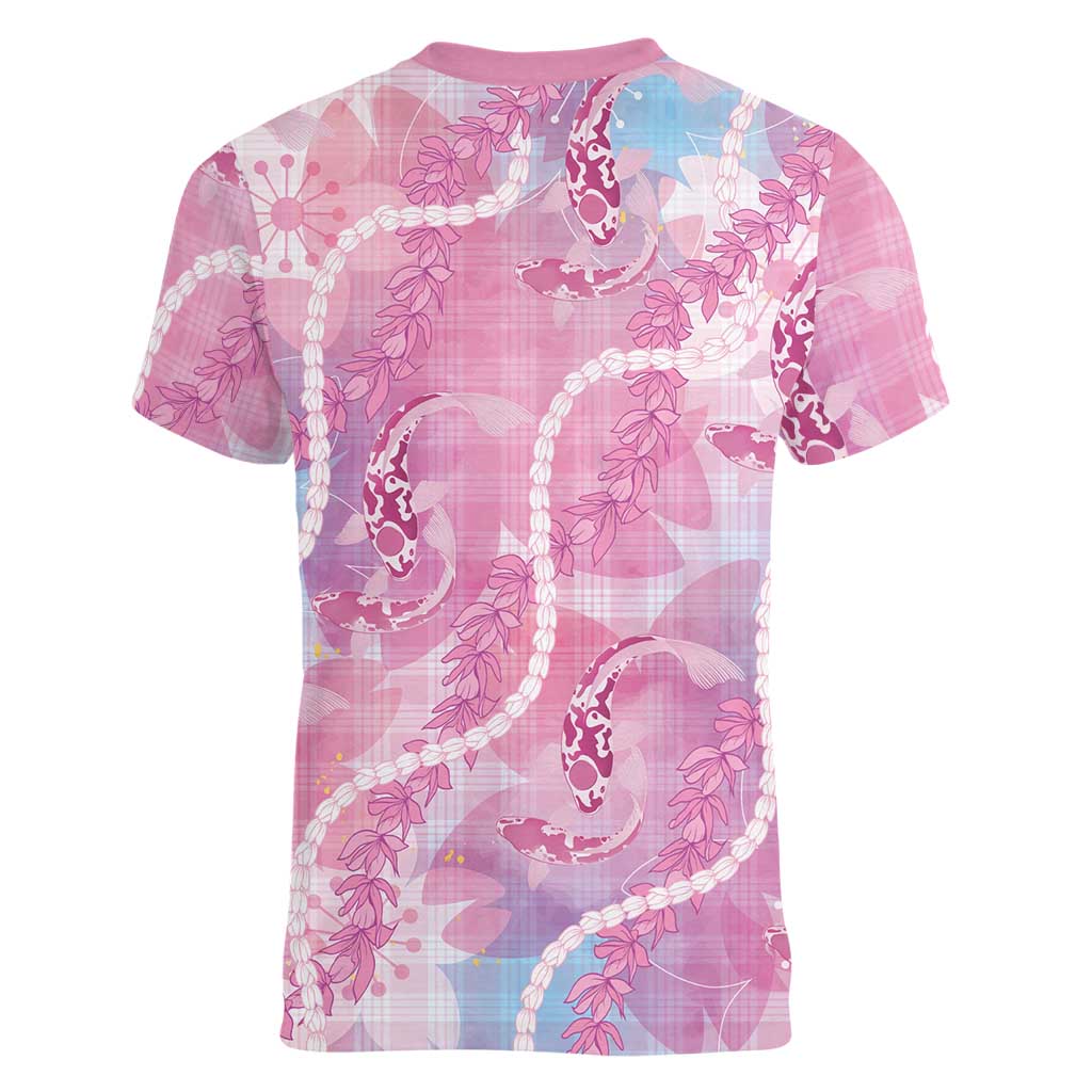 Japanese Koi Fish Women V-Neck T-Shirt Pink Wagara Palaka Honohono Pikake Lei LT9 - Polynesian Pride