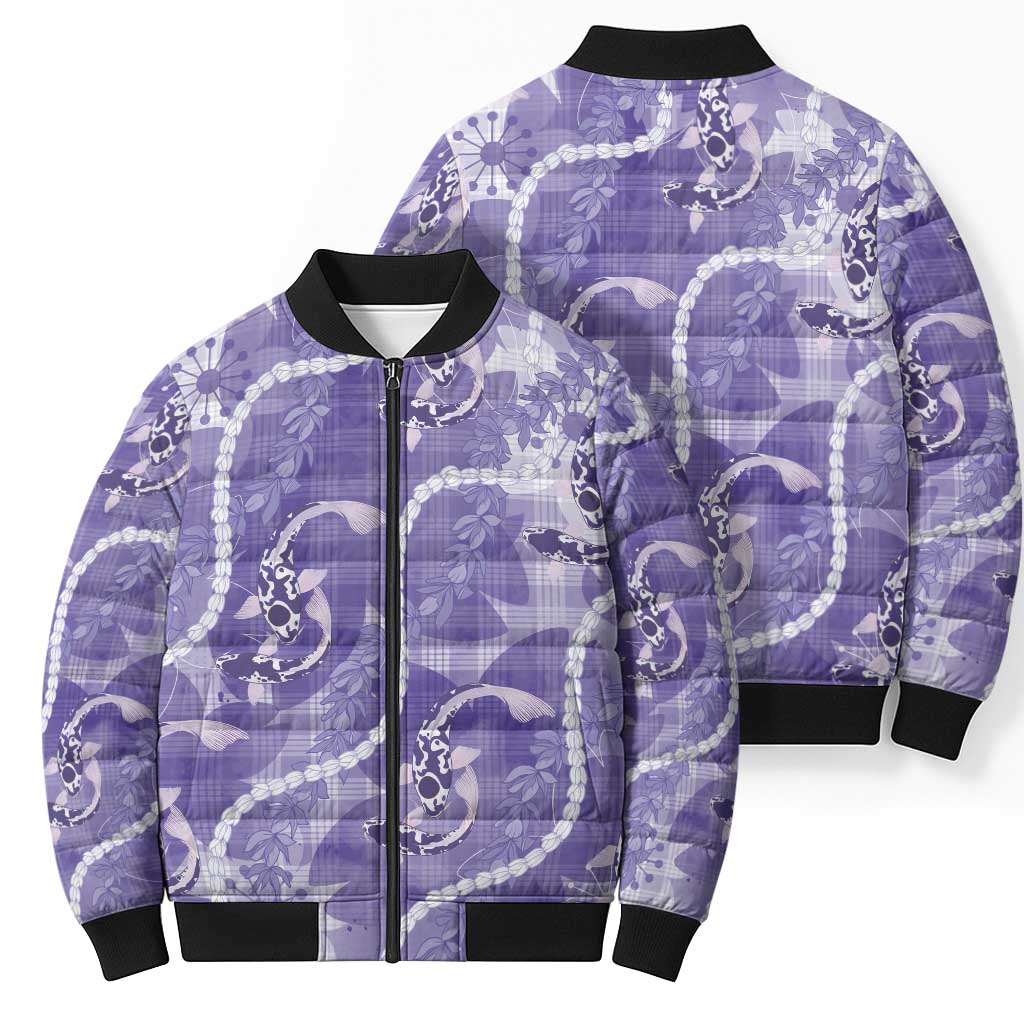 Japanese Koi Fish Bomber Puffer Jacket Purple Wagara Palaka Honohono Pikake Lei