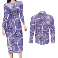 Japanese Koi Fish Couples Matching Long Sleeve Bodycon Dress and Long Sleeve Button Shirt Purple Wagara Palaka Honohono Pikake Lei LT9 Purple - Polynesian Pride