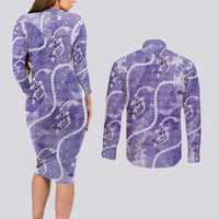 Japanese Koi Fish Couples Matching Long Sleeve Bodycon Dress and Long Sleeve Button Shirt Purple Wagara Palaka Honohono Pikake Lei LT9 - Polynesian Pride