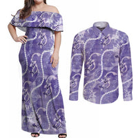 Japanese Koi Fish Couples Matching Off Shoulder Maxi Dress and Long Sleeve Button Shirt Purple Wagara Palaka Honohono Pikake Lei LT9 Purple - Polynesian Pride