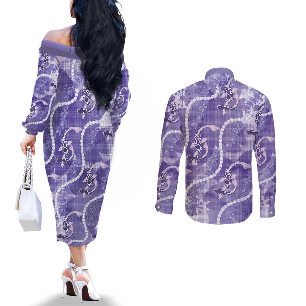 Japanese Koi Fish Couples Matching Off The Shoulder Long Sleeve Dress and Long Sleeve Button Shirt Purple Wagara Palaka Honohono Pikake Lei LT9 - Polynesian Pride