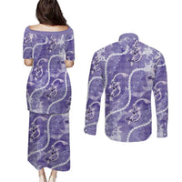 Japanese Koi Fish Couples Matching Puletasi and Long Sleeve Button Shirt Purple Wagara Palaka Honohono Pikake Lei