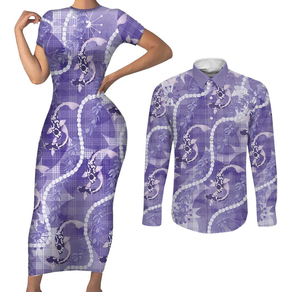 Japanese Koi Fish Couples Matching Short Sleeve Bodycon Dress and Long Sleeve Button Shirt Purple Wagara Palaka Honohono Pikake Lei LT9 Purple - Polynesian Pride