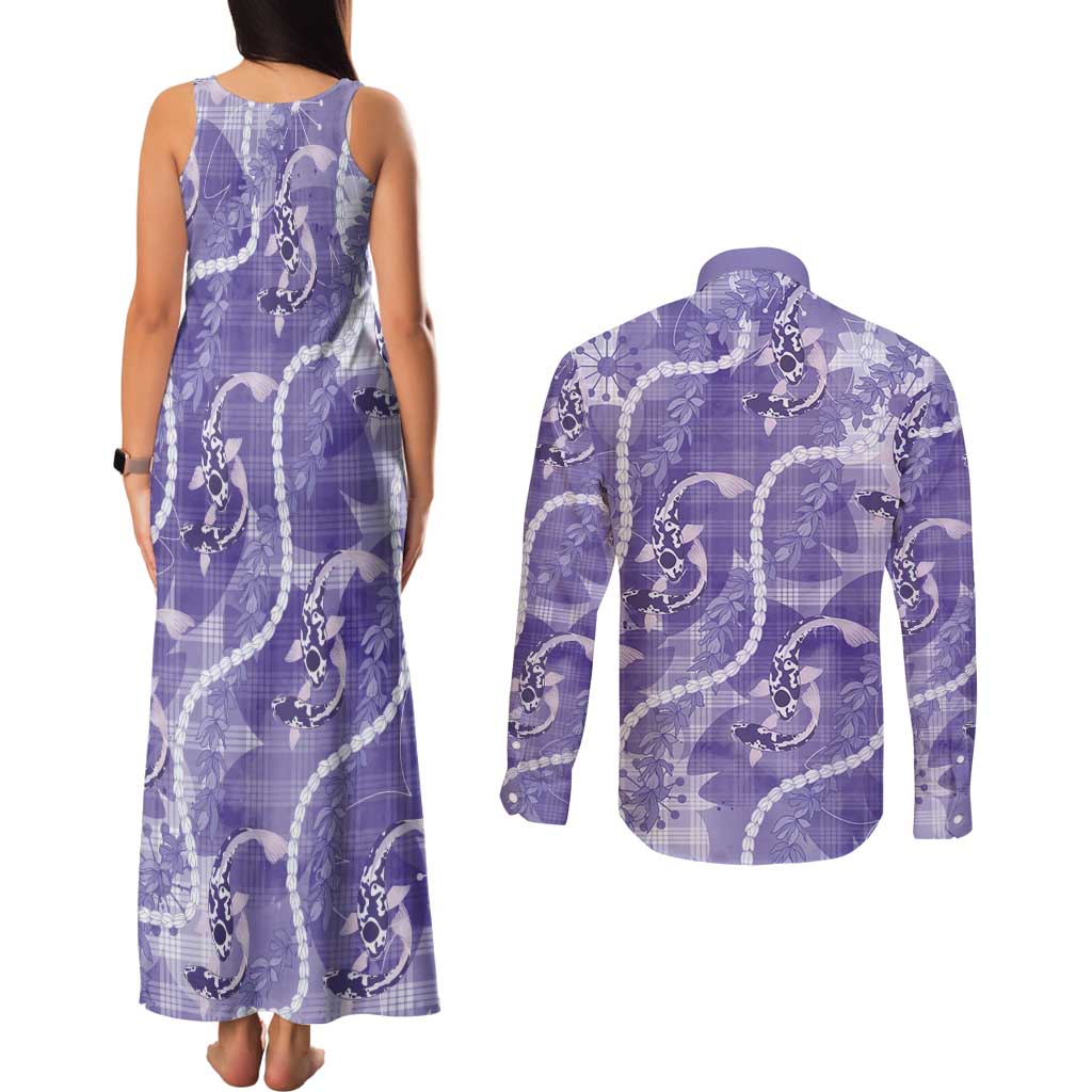 Japanese Koi Fish Couples Matching Tank Maxi Dress and Long Sleeve Button Shirt Purple Wagara Palaka Honohono Pikake Lei LT9 - Polynesian Pride