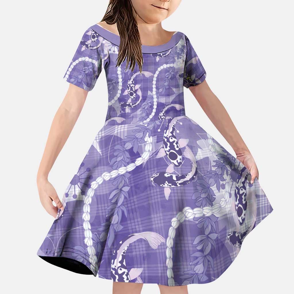 Japanese Koi Fish Family Matching Off Shoulder Maxi Dress and Hawaiian Shirt Purple Wagara Palaka Honohono Pikake Lei LT9 Daughter's Dress Purple - Polynesian Pride