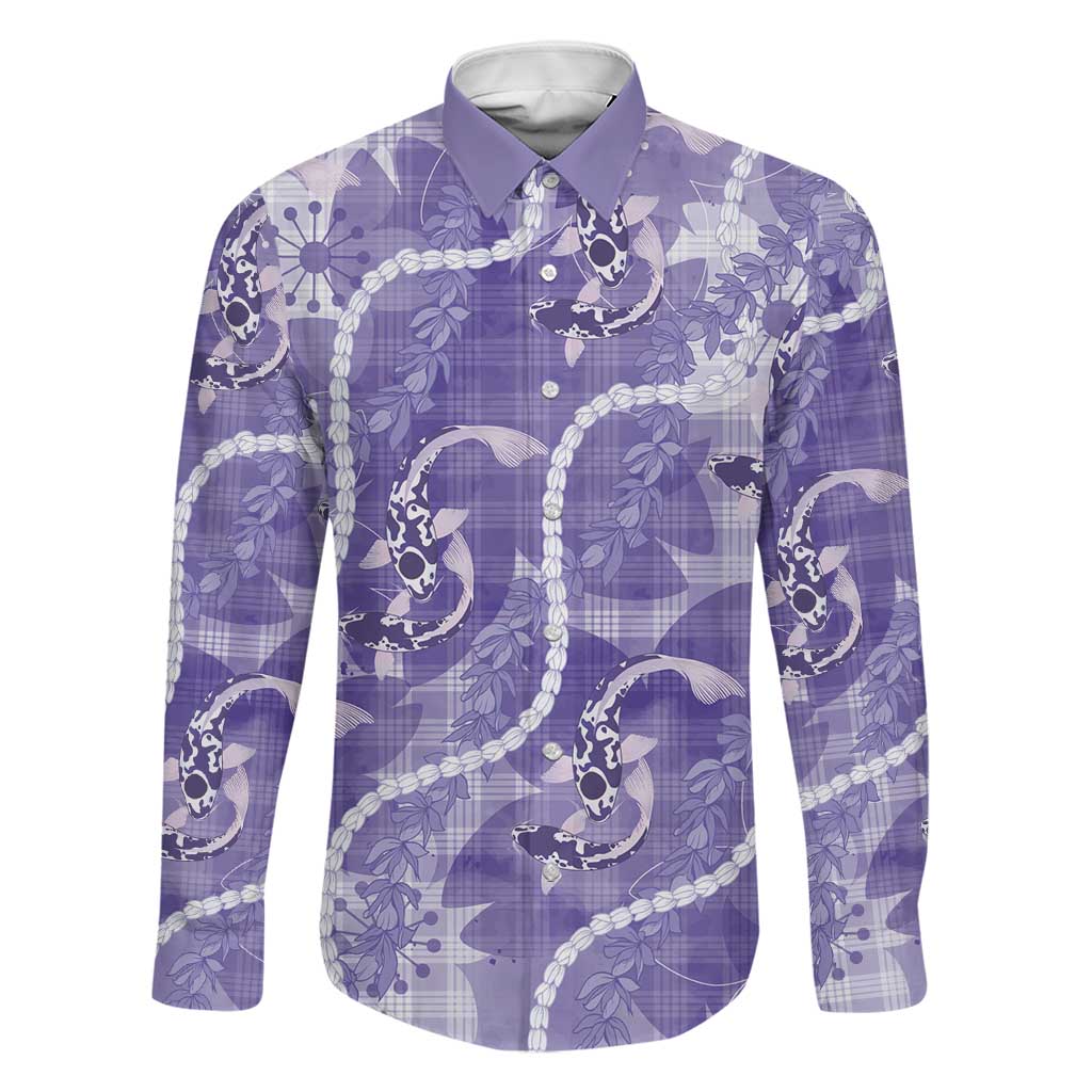 Japanese Koi Fish Family Matching Off Shoulder Short Dress and Hawaiian Shirt Purple Wagara Palaka Honohono Pikake Lei LT9 Dad's Shirt - Long Sleeve Purple - Polynesian Pride