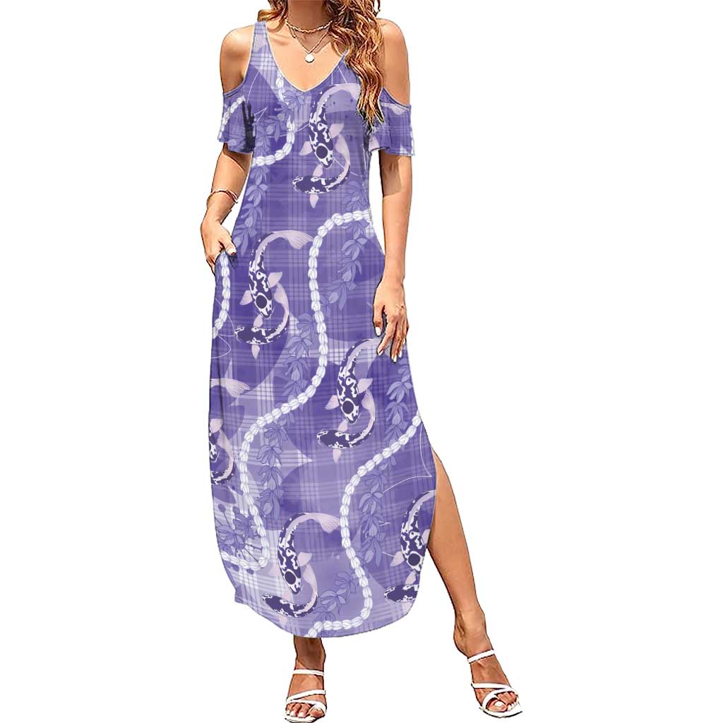 Japanese Koi Fish Family Matching Summer Maxi Dress and Hawaiian Shirt Purple Wagara Palaka Honohono Pikake Lei LT9 Mom's Dress Purple - Polynesian Pride