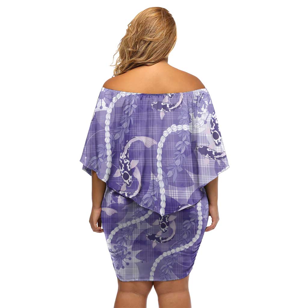 Japanese Koi Fish Off Shoulder Short Dress Purple Wagara Palaka Honohono Pikake Lei