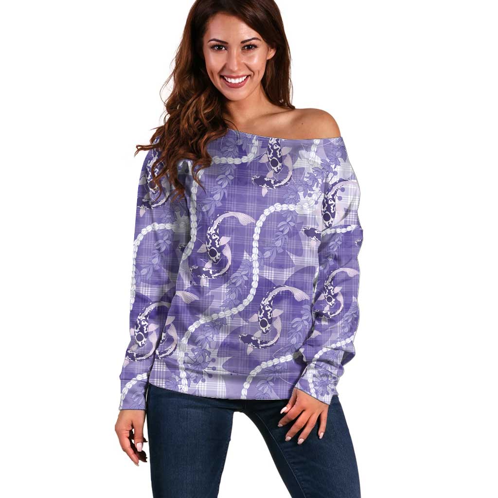 Japanese Koi Fish Off Shoulder Sweater Purple Wagara Palaka Honohono Pikake Lei