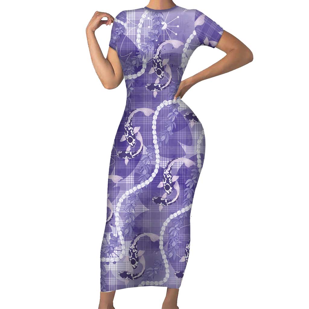 Japanese Koi Fish Short Sleeve Bodycon Dress Purple Wagara Palaka Honohono Pikake Lei