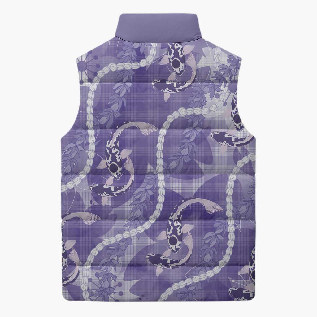 Japanese Koi Fish Sleeveless Puffer Jacket Purple Wagara Palaka Honohono Pikake Lei