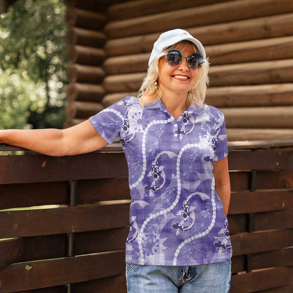 Japanese Koi Fish Women Polo Shirt Purple Wagara Palaka Honohono Pikake Lei LT9 - Polynesian Pride