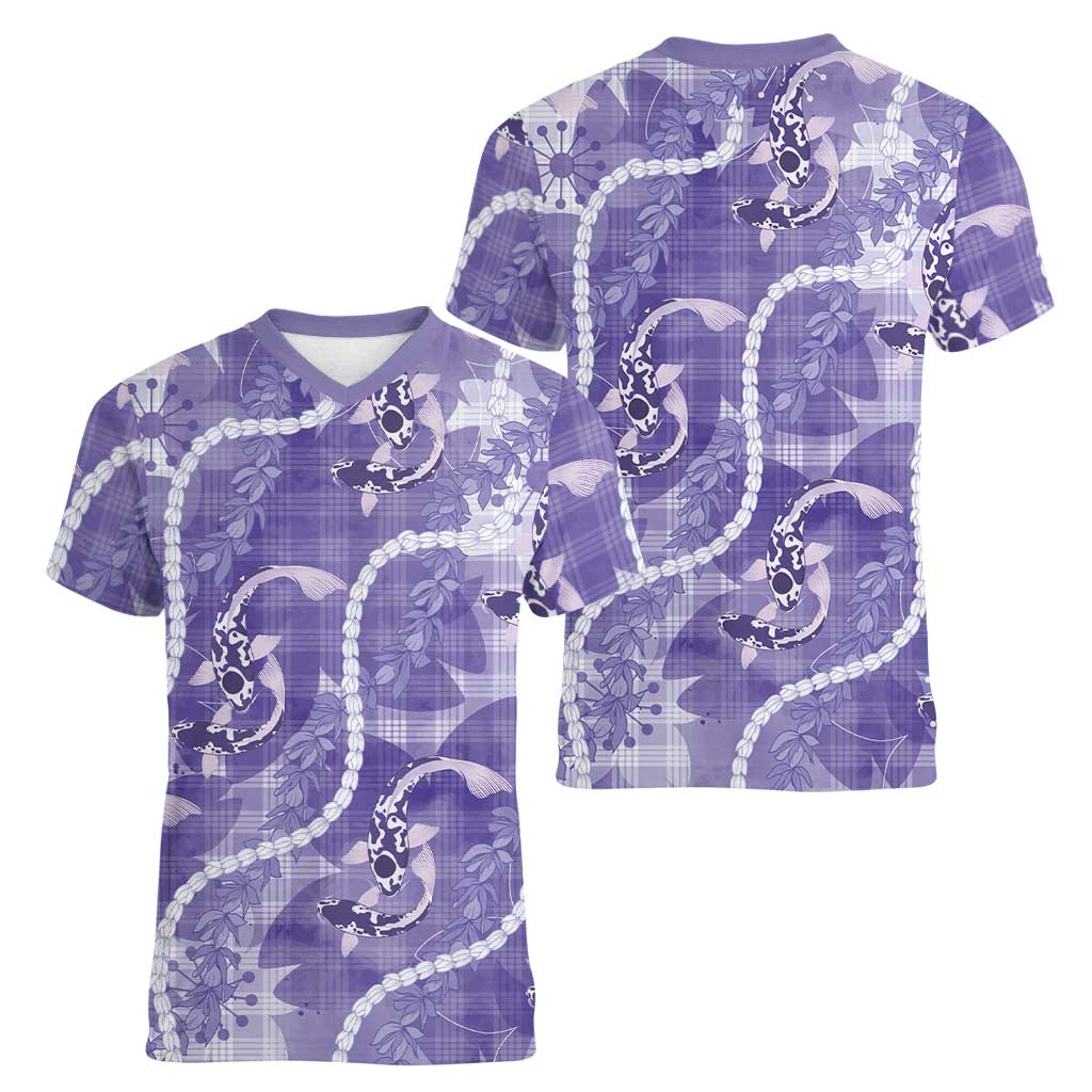 Japanese Koi Fish Women V-Neck T-Shirt Purple Wagara Palaka Honohono Pikake Lei LT9 - Polynesian Pride