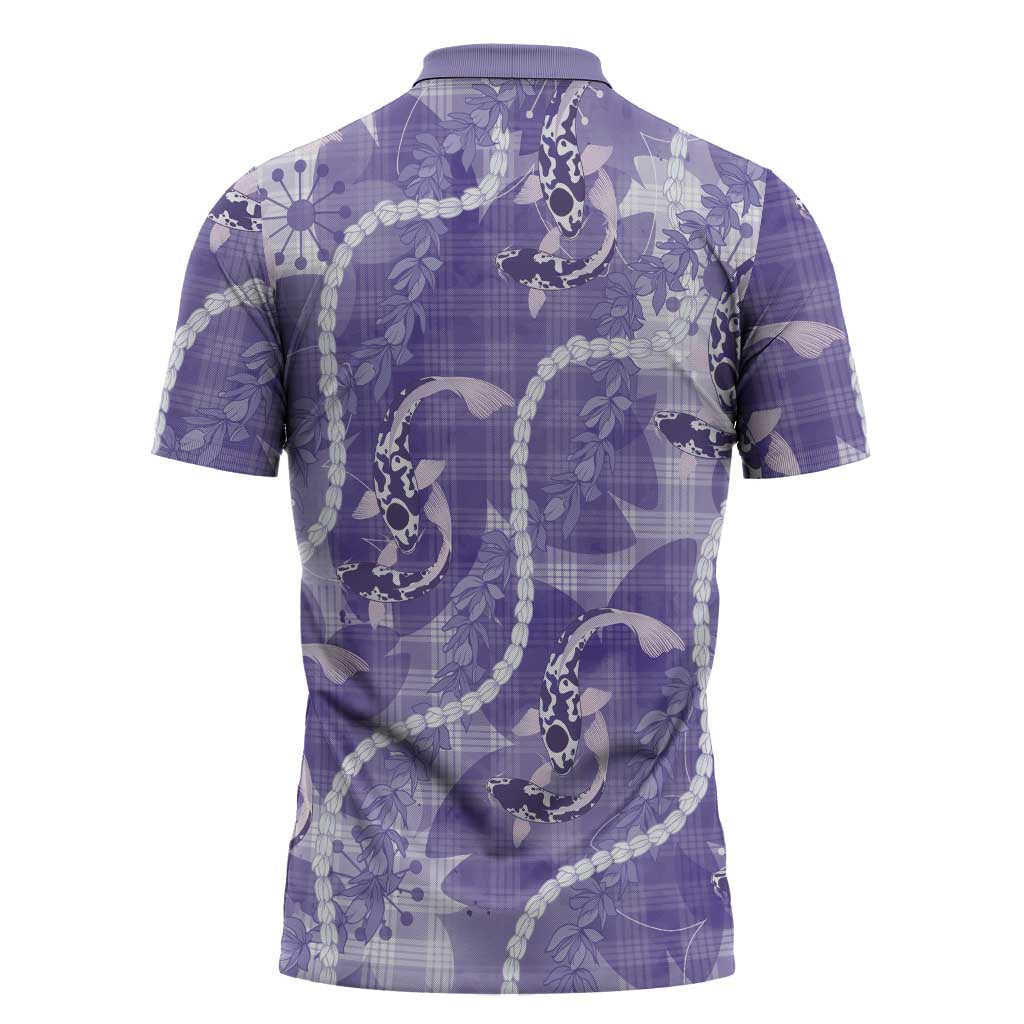 Japanese Koi Fish Zipper Polo Shirt Purple Wagara Palaka Honohono Pikake Lei