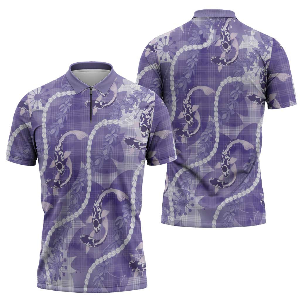 Japanese Koi Fish Zipper Polo Shirt Purple Wagara Palaka Honohono Pikake Lei