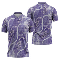 Japanese Koi Fish Zipper Polo Shirt Purple Wagara Palaka Honohono Pikake Lei