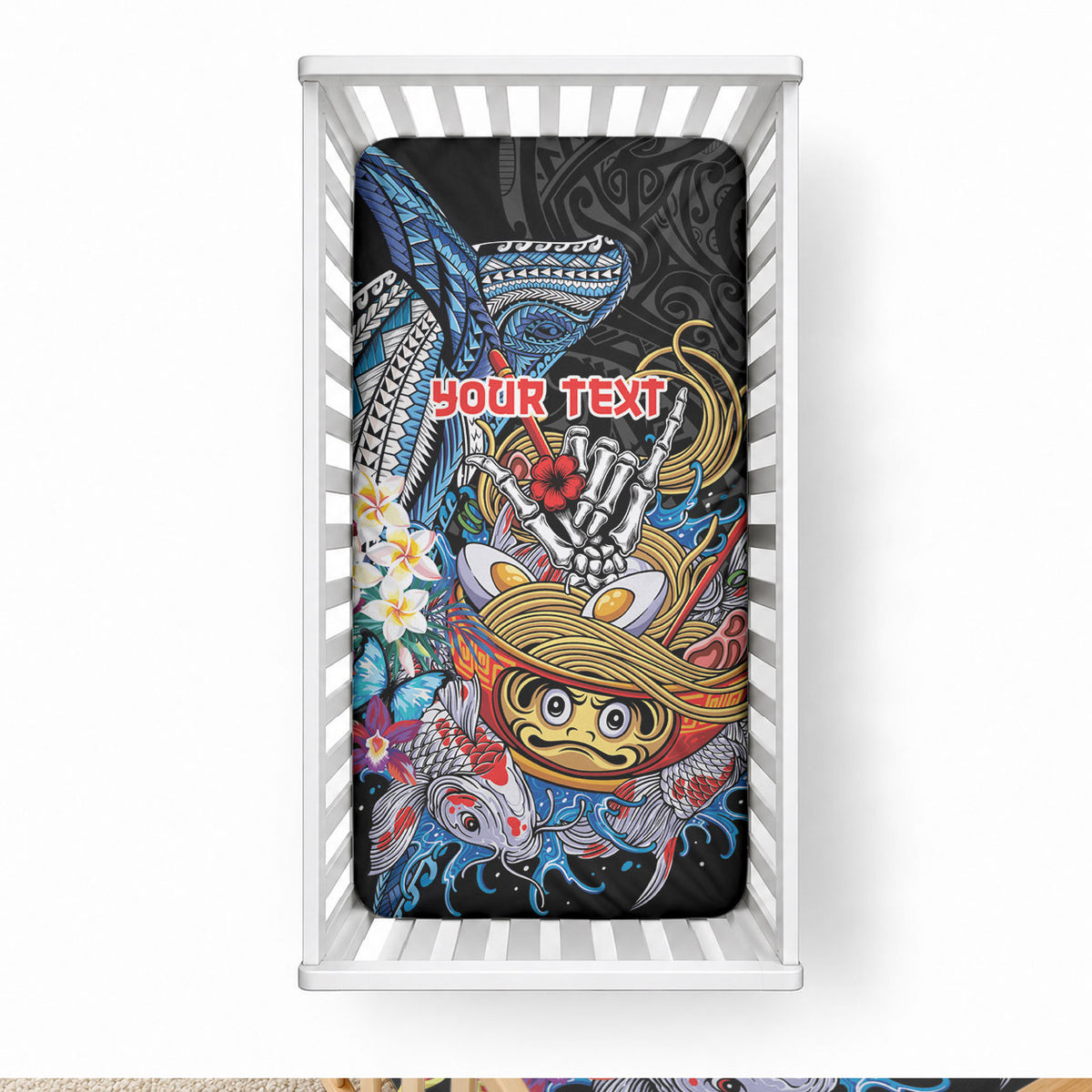 Personalized Japanese Koi Fish Ramen Baby Bed Cover Aloha Shark Kakau Pattern LT9 28 × 52 in Black - Polynesian Pride