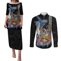Personalized Japanese Koi Fish Ramen Couples Matching Puletasi and Long Sleeve Button Shirt Aloha Shark Kakau Pattern