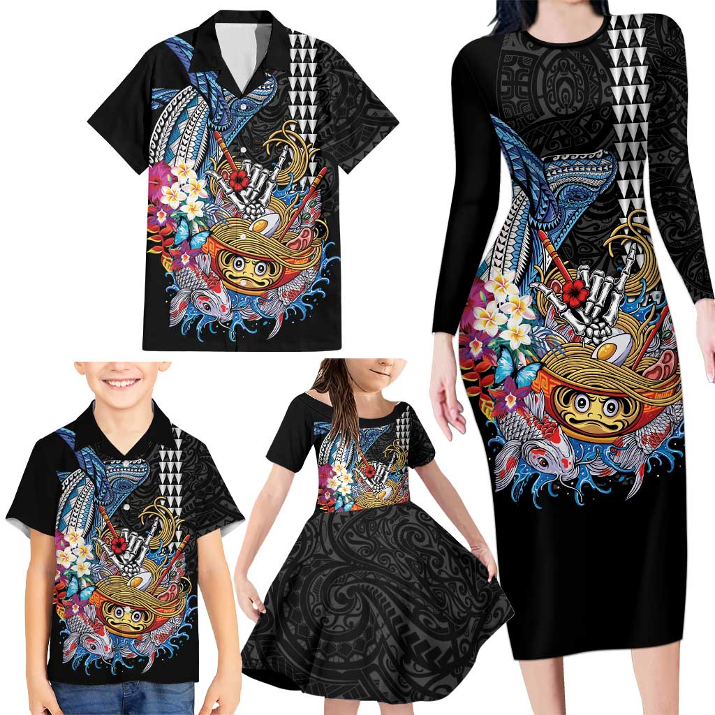Personalized Japanese Koi Fish Ramen Family Matching Long Sleeve Bodycon Dress and Hawaiian Shirt Aloha Shark Kakau Pattern LT9 - Polynesian Pride
