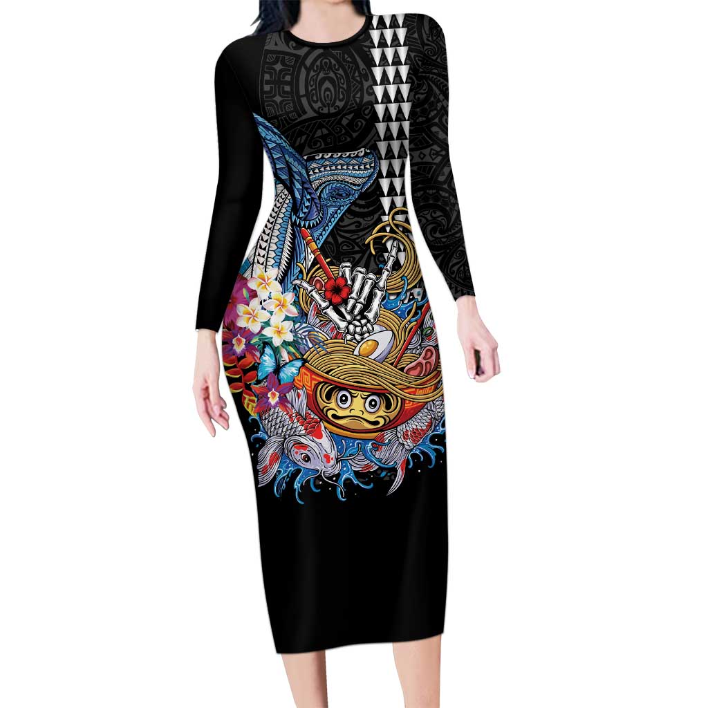 Personalized Japanese Koi Fish Ramen Family Matching Long Sleeve Bodycon Dress and Hawaiian Shirt Aloha Shark Kakau Pattern LT9 Mom's Dress Black - Polynesian Pride