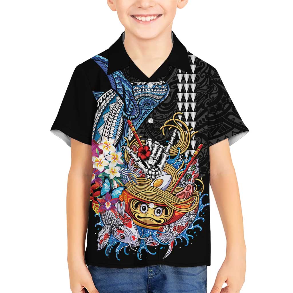 Personalized Japanese Koi Fish Ramen Family Matching Off The Shoulder Long Sleeve Dress and Hawaiian Shirt Aloha Shark Kakau Pattern LT9 Son's Shirt Black - Polynesian Pride
