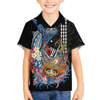 Personalized Japanese Koi Fish Ramen Family Matching Off The Shoulder Long Sleeve Dress and Hawaiian Shirt Aloha Shark Kakau Pattern LT9 Son's Shirt Black - Polynesian Pride