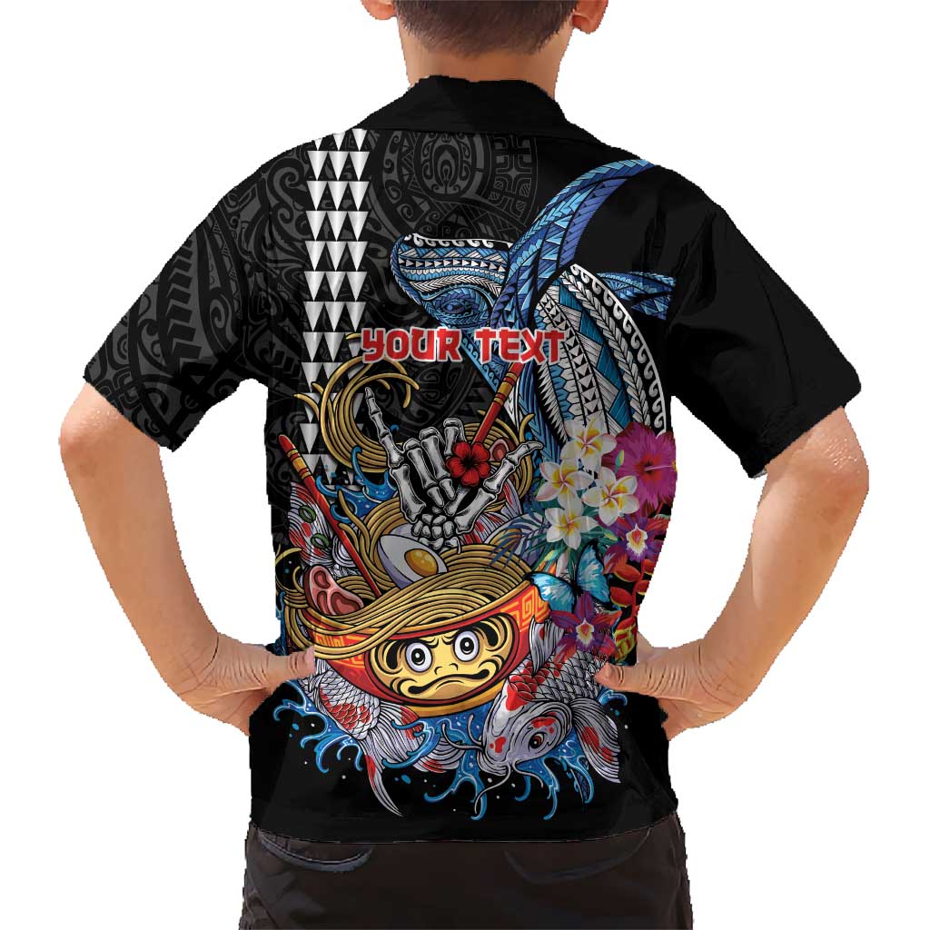 Personalized Japanese Koi Fish Ramen Family Matching Off Shoulder Short Dress and Hawaiian Shirt Aloha Shark Kakau Pattern