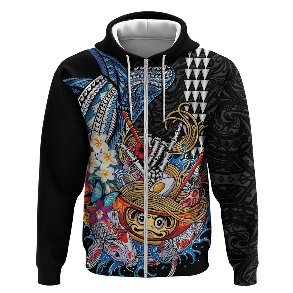 Personalized Japanese Koi Fish Ramen Hoodie Aloha Shark Kakau Pattern LT9 Zip Hoodie Black - Polynesian Pride
