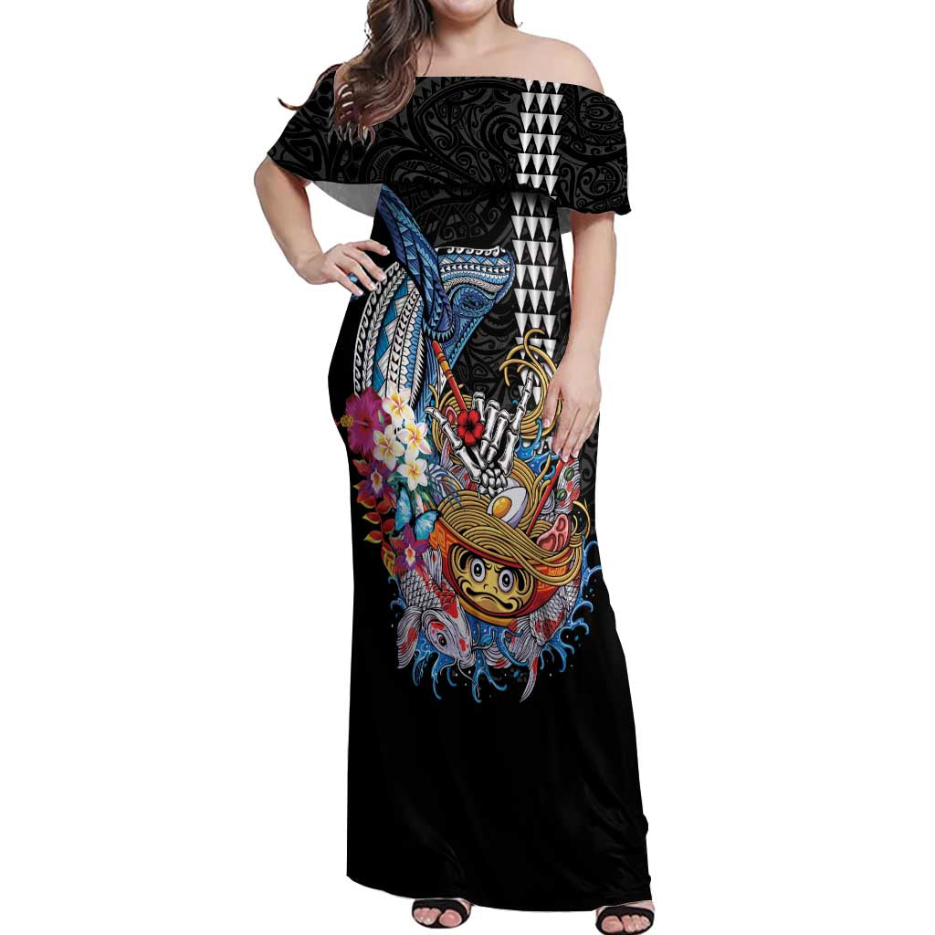 Personalized Japanese Koi Fish Ramen Off Shoulder Maxi Dress Aloha Shark Kakau Pattern