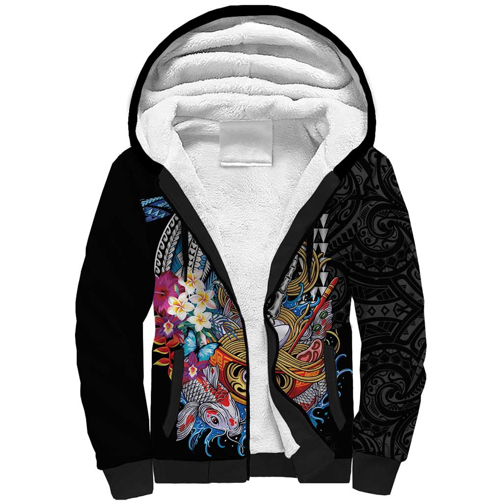 Personalized Japanese Koi Fish Ramen Sherpa Hoodie Aloha Shark Kakau Pattern LT9 Unisex Black - Polynesian Pride