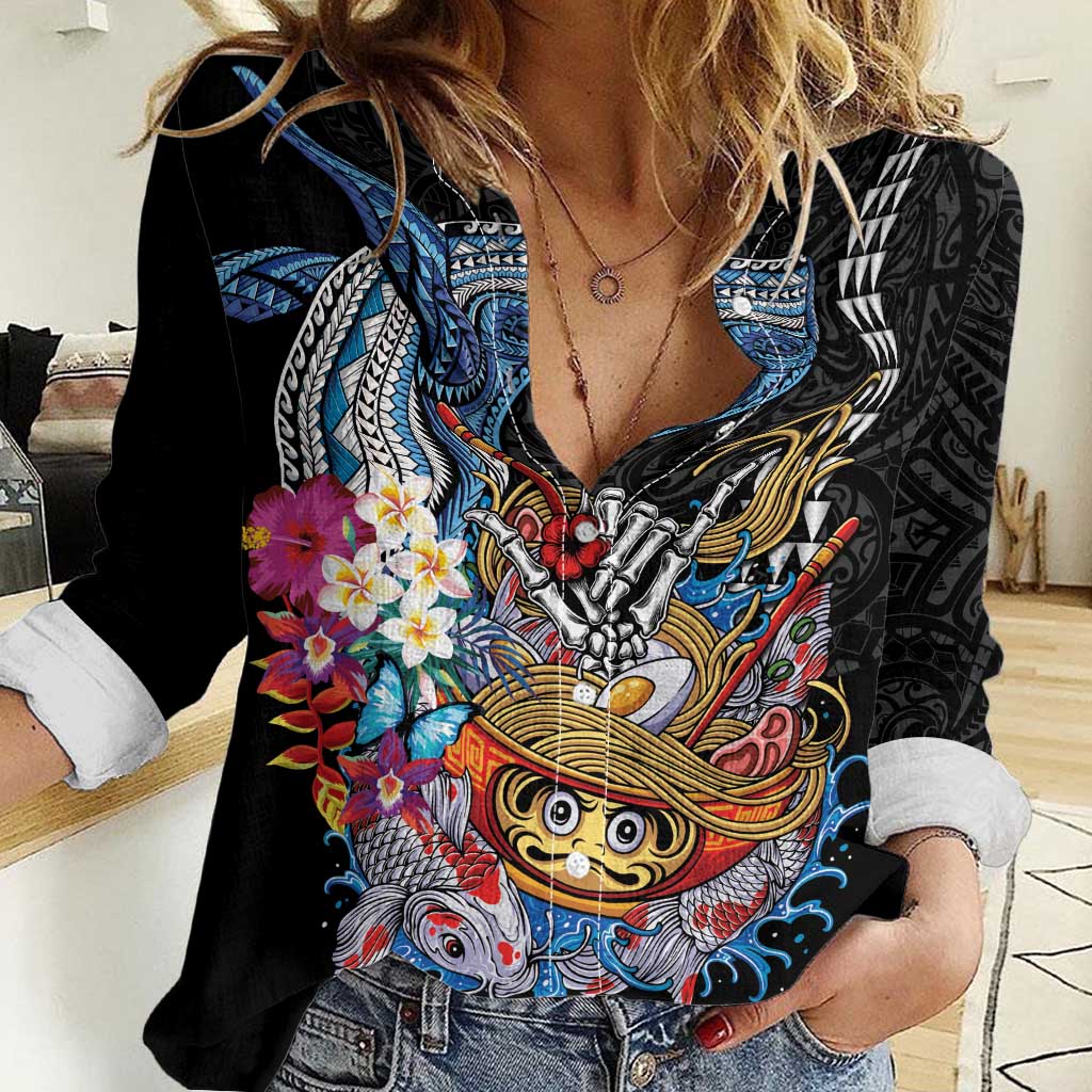 Personalized Japanese Koi Fish Ramen Women Casual Shirt Aloha Shark Kakau Pattern