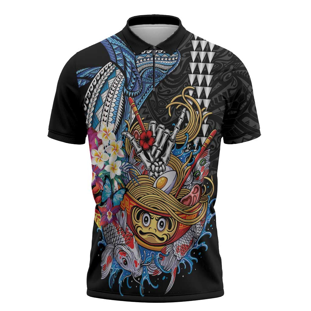 Personalized Japanese Koi Fish Ramen Zipper Polo Shirt Aloha Shark Kakau Pattern