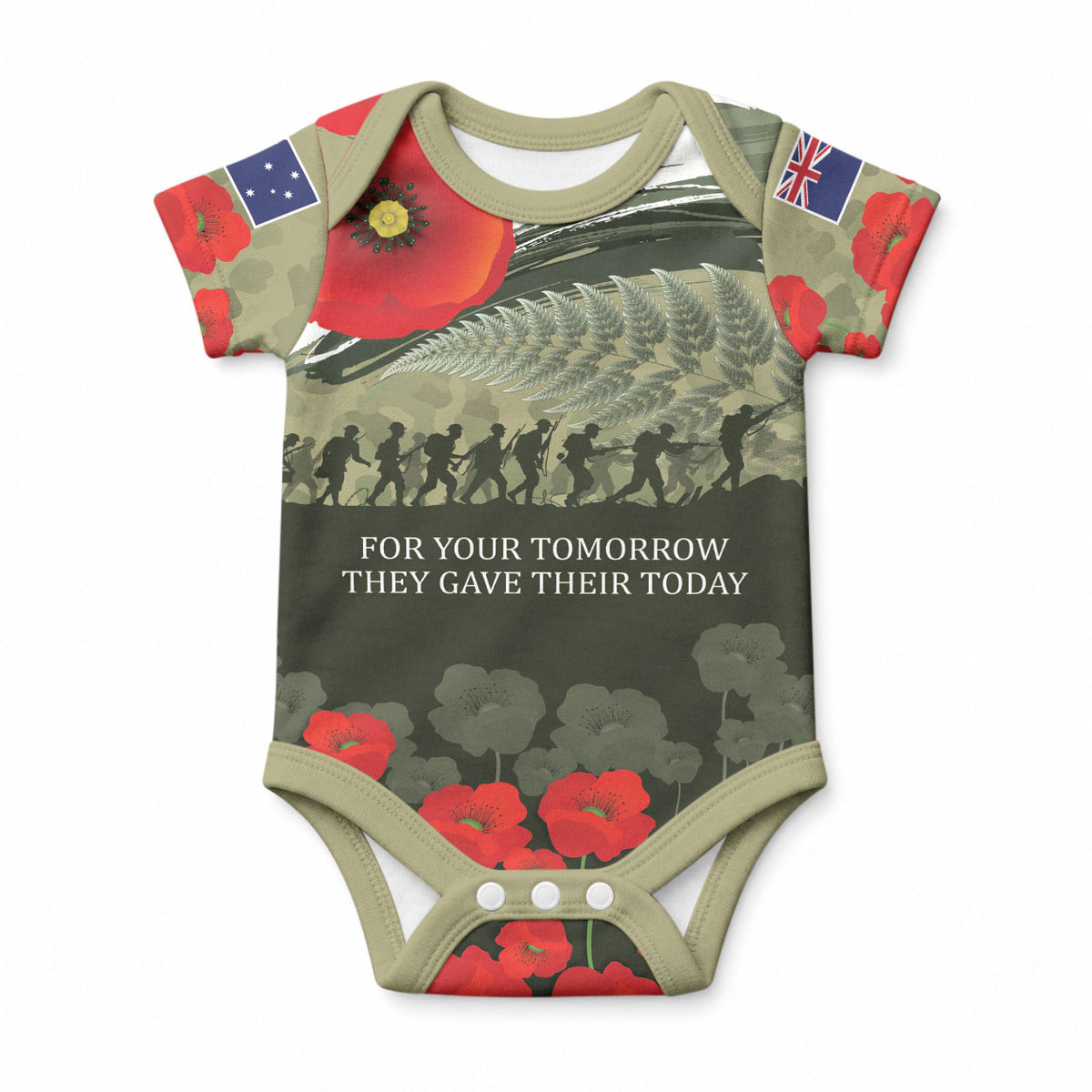 ANZAC Day We Remember Baby Onesie Maori Silver Fern Camouflage Motif LT9 Green - Polynesian Pride