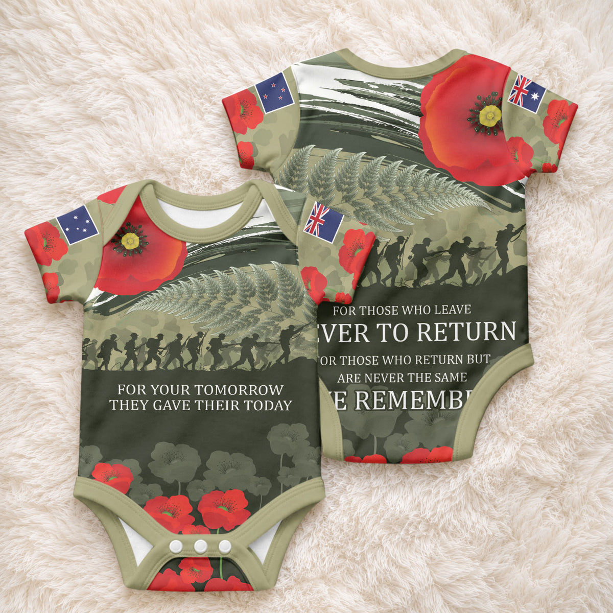 ANZAC Day We Remember Baby Onesie Maori Silver Fern Camouflage Motif LT9 - Polynesian Pride