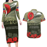 ANZAC Day We Remember Couples Matching Long Sleeve Bodycon Dress and Hawaiian Shirt Maori Silver Fern Camouflage Motif LT9 Green - Polynesian Pride