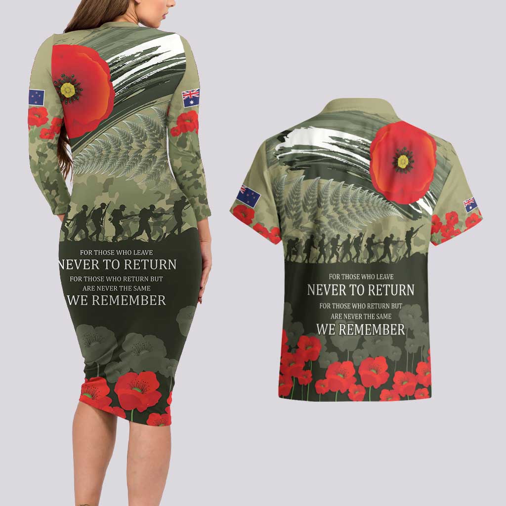 ANZAC Day We Remember Couples Matching Long Sleeve Bodycon Dress and Hawaiian Shirt Maori Silver Fern Camouflage Motif LT9 - Polynesian Pride