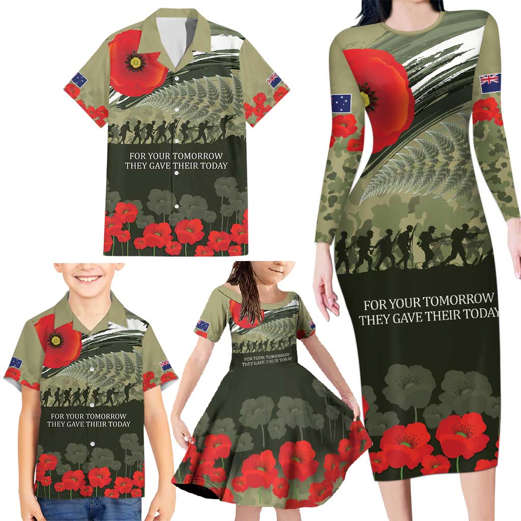 ANZAC Day We Remember Family Matching Long Sleeve Bodycon Dress and Hawaiian Shirt Maori Silver Fern Camouflage Motif LT9 - Polynesian Pride