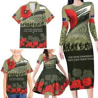 ANZAC Day We Remember Family Matching Long Sleeve Bodycon Dress and Hawaiian Shirt Maori Silver Fern Camouflage Motif LT9 - Polynesian Pride