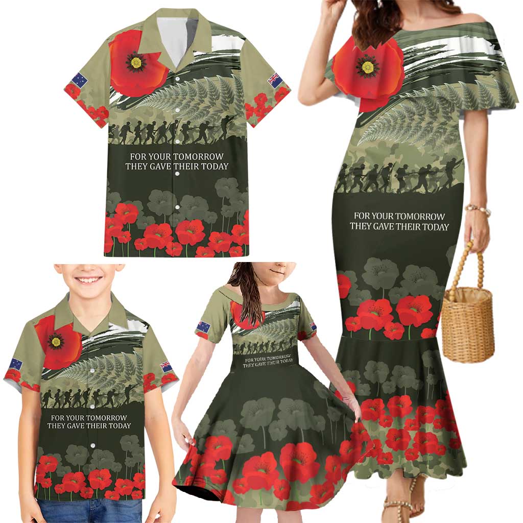 ANZAC Day We Remember Family Matching Mermaid Dress and Hawaiian Shirt Maori Silver Fern Camouflage Motif LT9 - Polynesian Pride