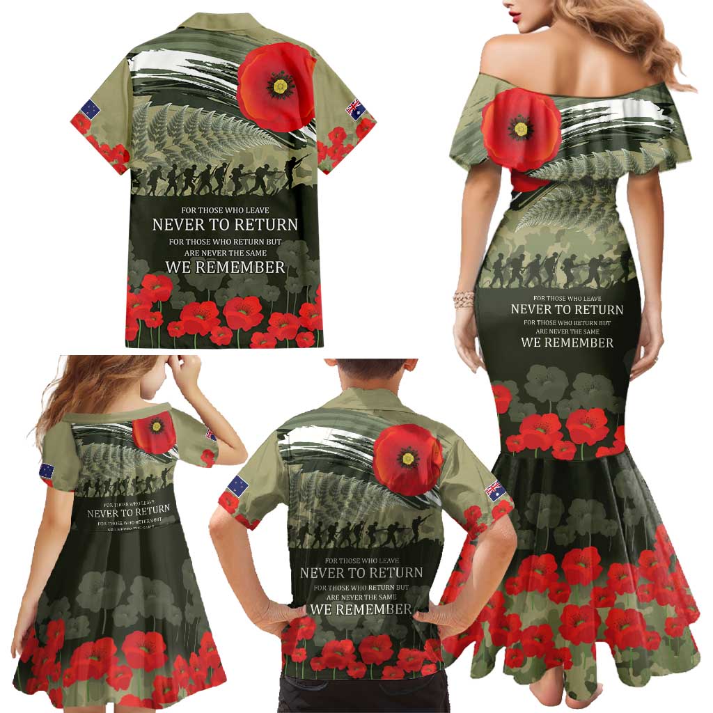 ANZAC Day We Remember Family Matching Mermaid Dress and Hawaiian Shirt Maori Silver Fern Camouflage Motif LT9 - Polynesian Pride